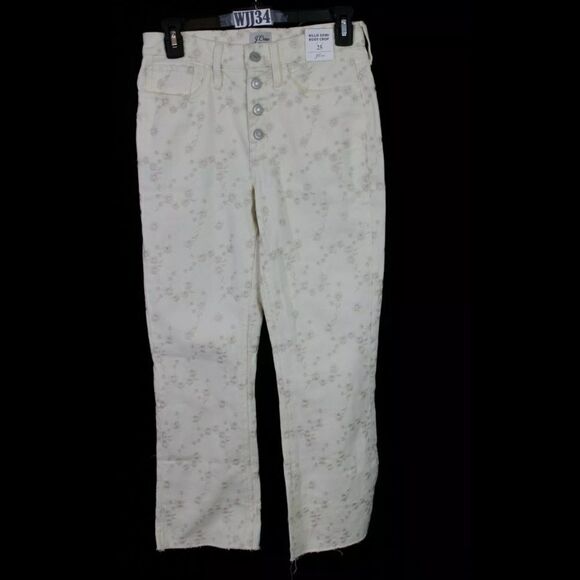 J.CREW BILLIE DEMI BOOT CROP 25 CREAM W/FLORAL EMBROIDERY BUTTON FLY RAW HEM NWT - Picture 1 of 10